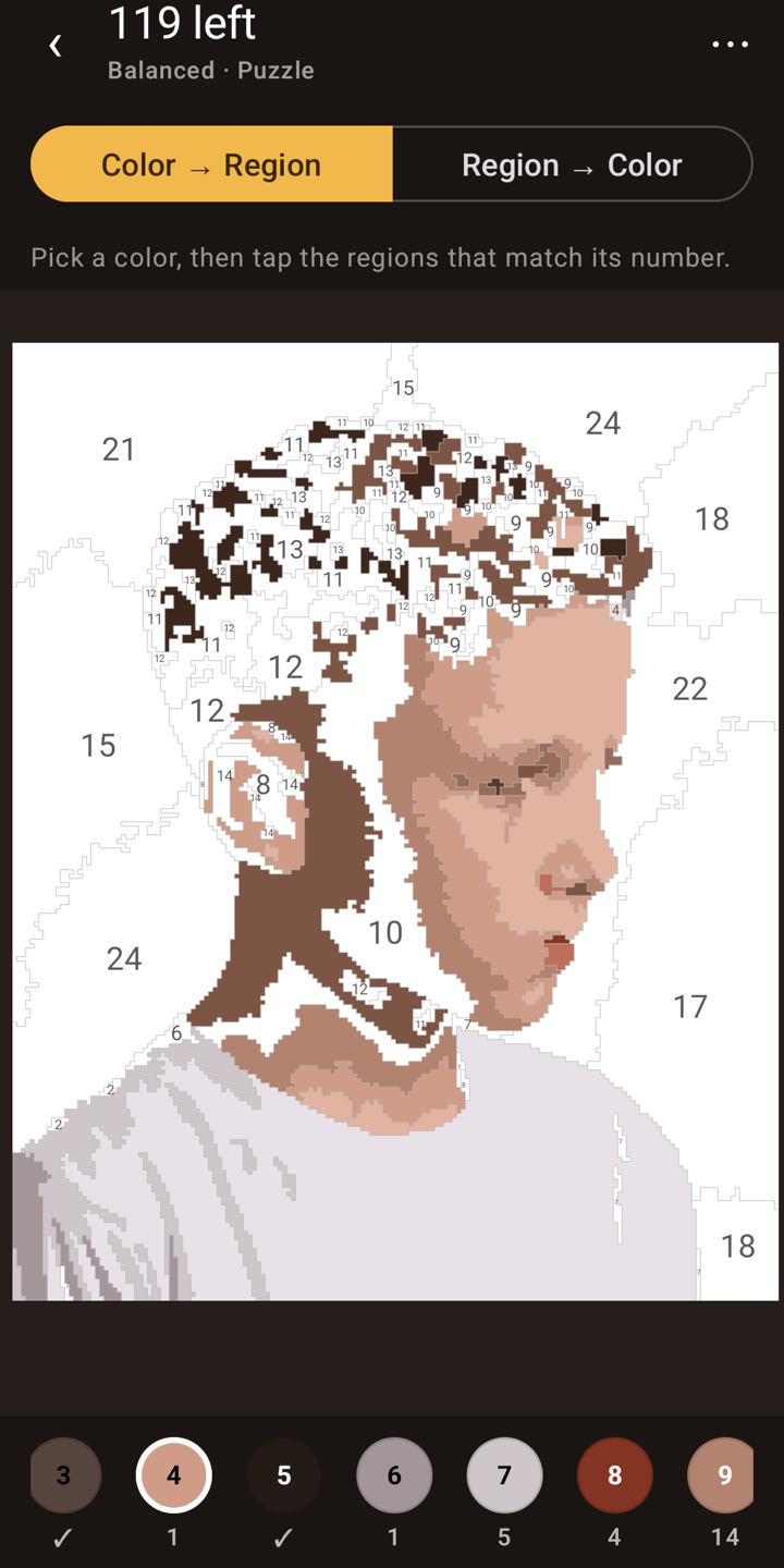 Filling in numbered regions of a paint-by-number in SnapPaint