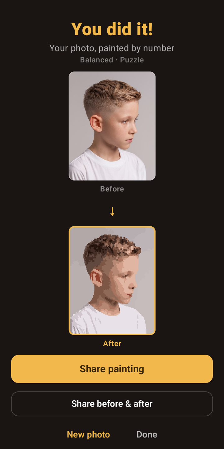 SnapPaint showing a photo of a boy converted to a paint-by-number, before and after